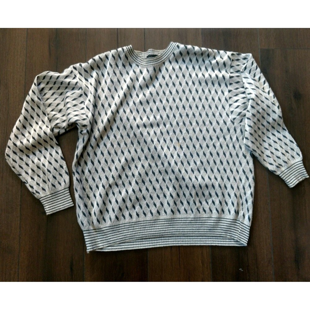VINTAGE BEAU BRUMMEL ITALY SWEATER MENS SZ 50/MEDIUM GRAY DIAMOND PRINT LONG SLV